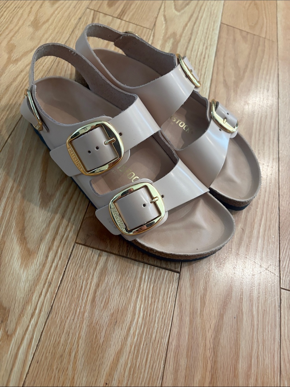 Birkenstock Women’s Pale Pink/Cream Double-Buckle Sandals with Gold Buckles